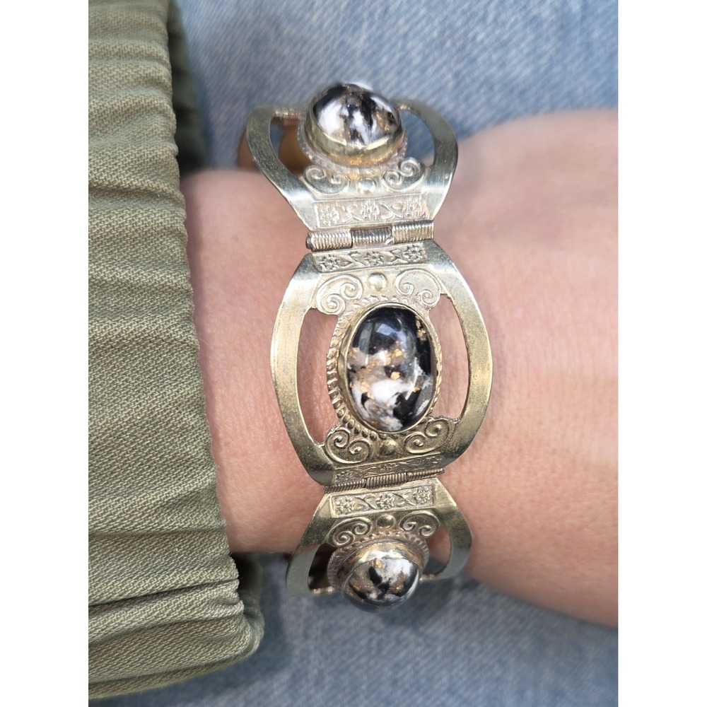 Vintage Mex Taxco Sterling Panel Hinged Gold Confetti Lucite Bracelet, 6.75 In